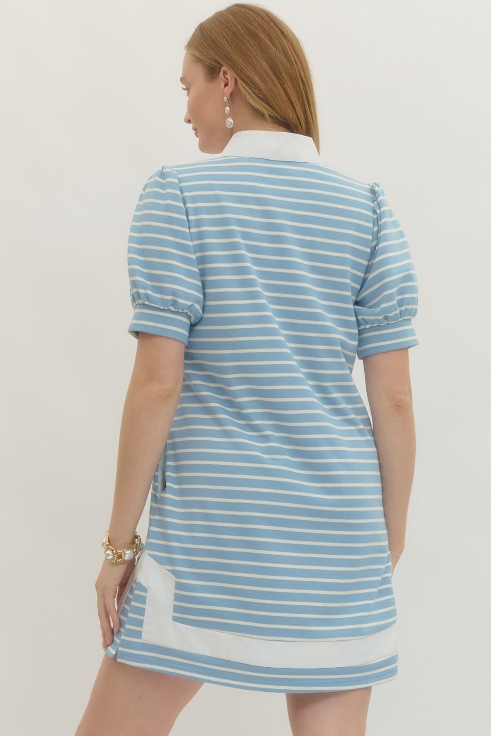 Solid stripe short puff sleeve mini dress