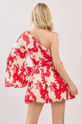 Women Woven Floral Print Long Sleeve One-Shoulder Romper