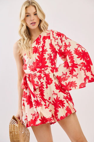 Women Woven Floral Print Long Sleeve One-Shoulder Romper