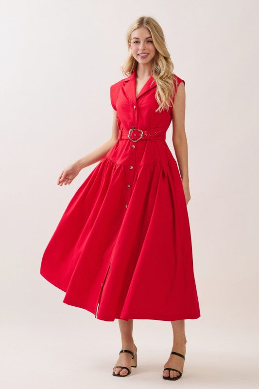Women Woven Solid Cap Sleeve Button-Down Maxi Dress with Self Belt