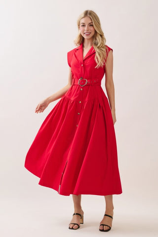 Women Woven Solid Cap Sleeve Button-Down Maxi Dress with Self Belt