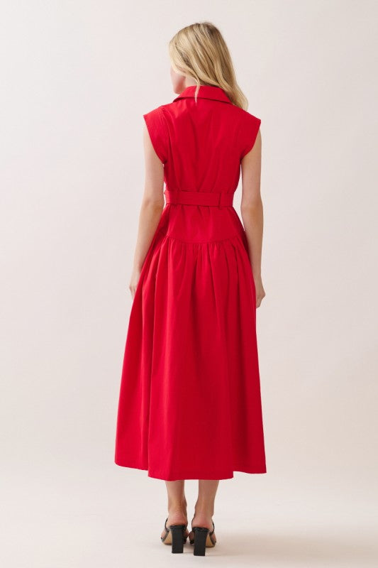 Women Woven Solid Cap Sleeve Button-Down Maxi Dress with Self Belt