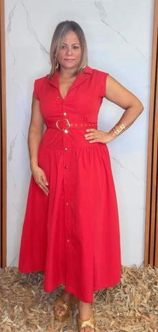 Women Woven Solid Cap Sleeve Button-Down Maxi Dress with Self Belt