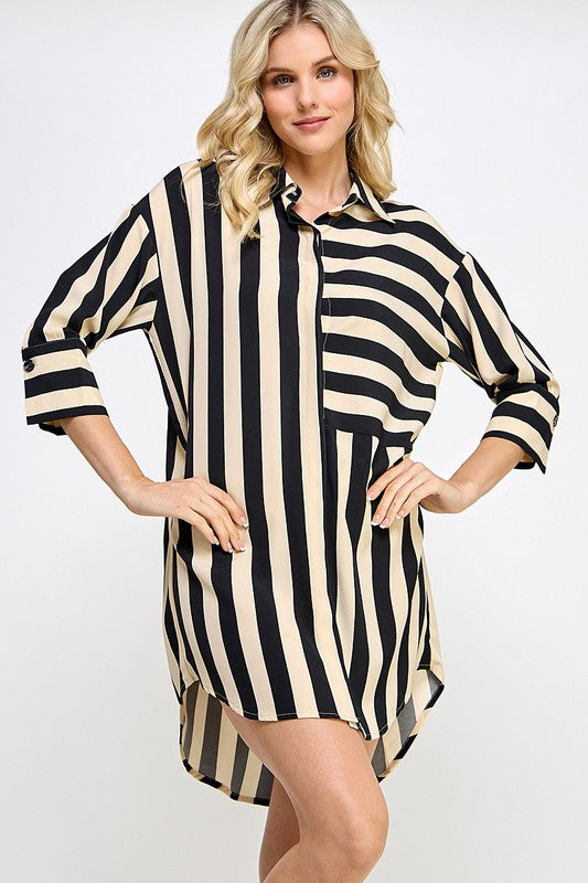 3/4 Sleeves Collared Stripe Short Dress
