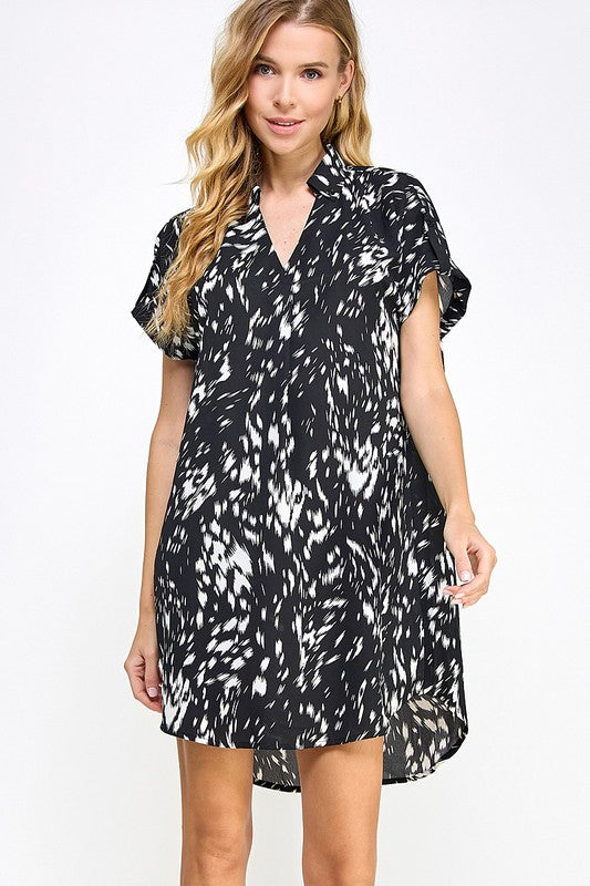 V-Neck Collared Printed Short Casual Dress