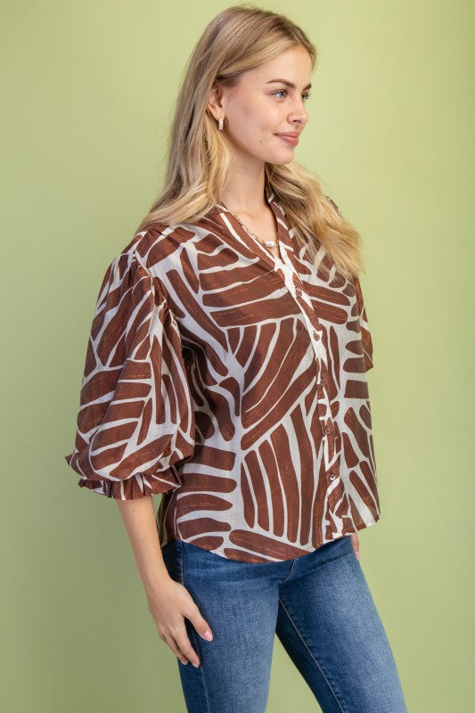 Abstract Print Button Down Top