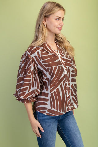Abstract Print Button Down Top