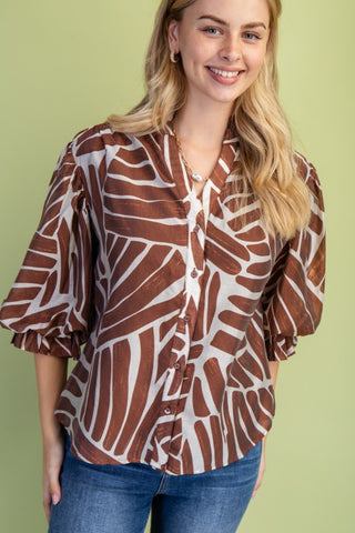 Abstract Print Button Down Top