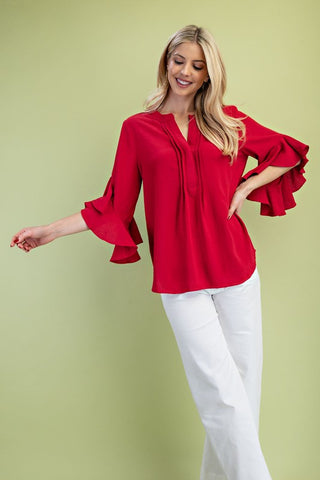 Ruffled Bell Sleeve And Front Pleated Detail Top