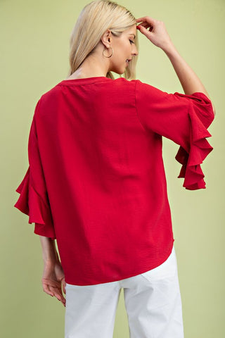 Ruffled Bell Sleeve And Front Pleated Detail Top