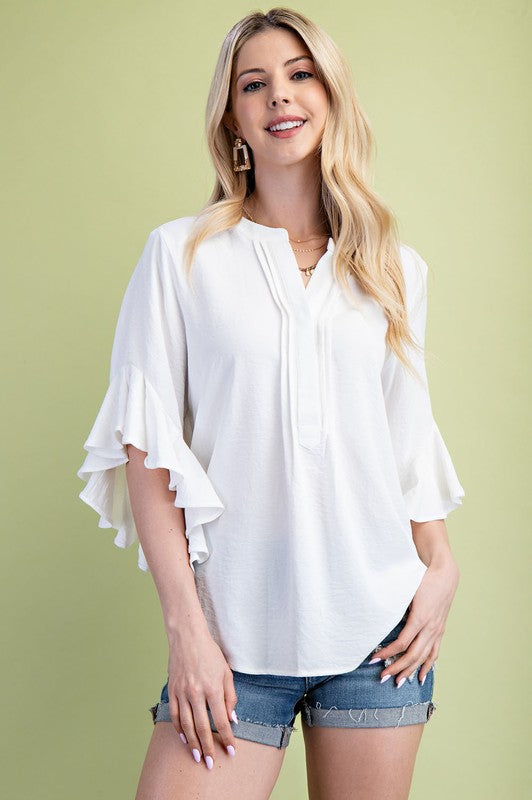 Ruffled Bell Sleeve And Front Pleated Detail Top