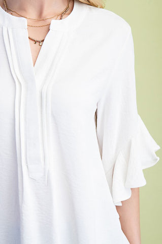 Ruffled Bell Sleeve And Front Pleated Detail Top