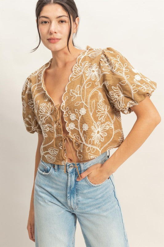 Floral Embroidered Tie-front Top