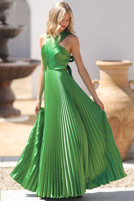 SLEEVELESS TIE BACK CHEST PLEAT DETAILING MAXI