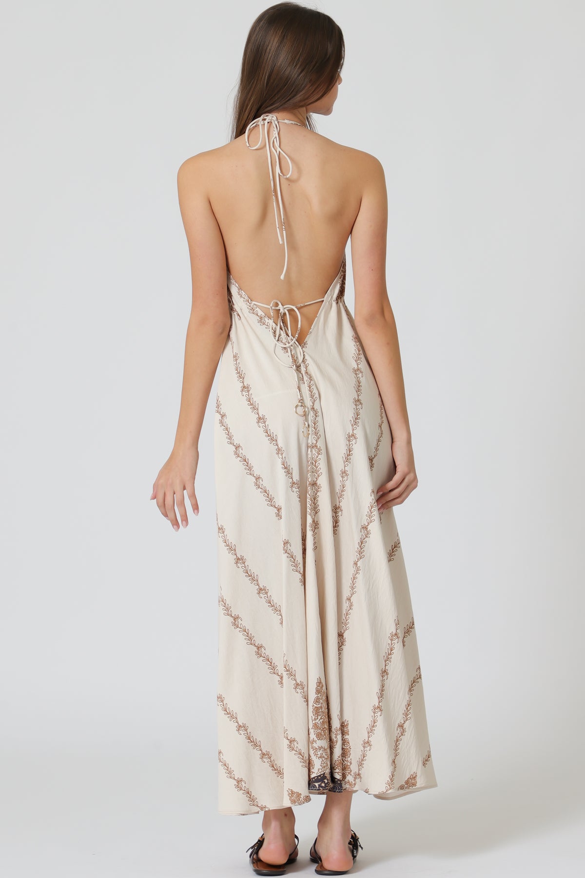 Halter backless tie back waisted midi dress