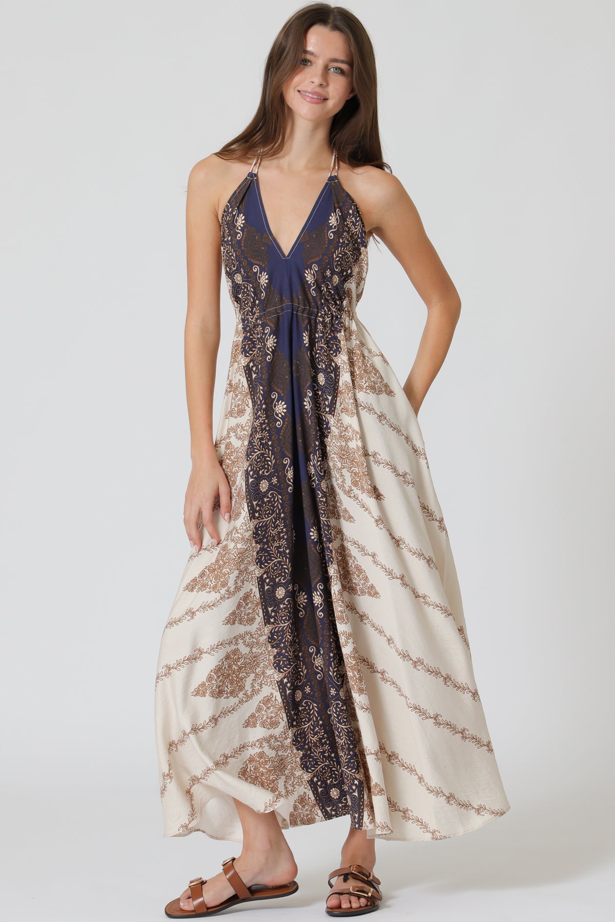 Halter backless tie back waisted midi dress