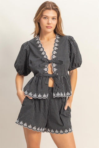 Striped Tie-front Embroidered Peplum Top