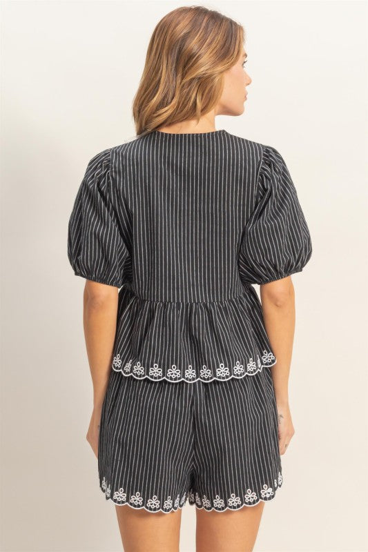 Striped Tie-front Embroidered Peplum Top