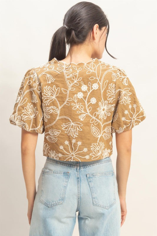 Floral Embroidered Tie-front Top