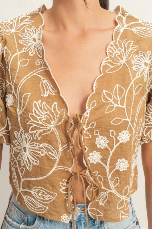 Floral Embroidered Tie-front Top