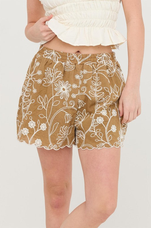 Embroidered Scallop Hem Shorts