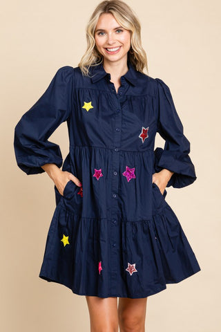 Star Textured Button-up Tiered Dress