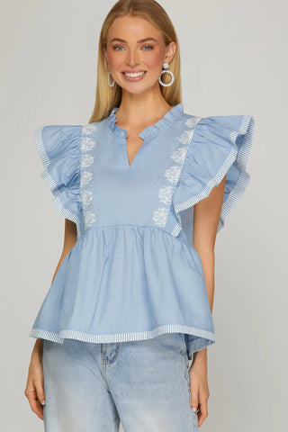 RUFFLED SLEEVE EMBROIDERED TOP