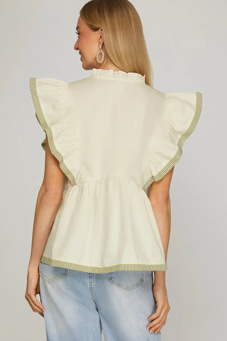 RUFFLED SLEEVE EMBROIDERED TOP