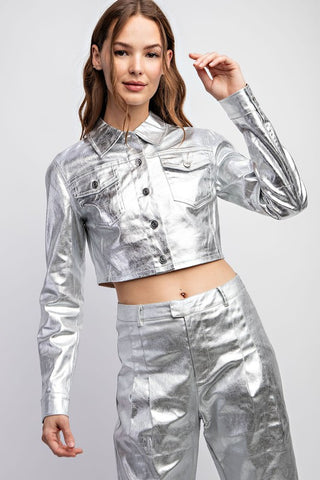 METALLIC FABRIC CROP JACKET POCKET