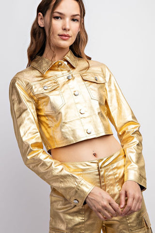 METALLIC FABRIC CROP JACKET POCKET