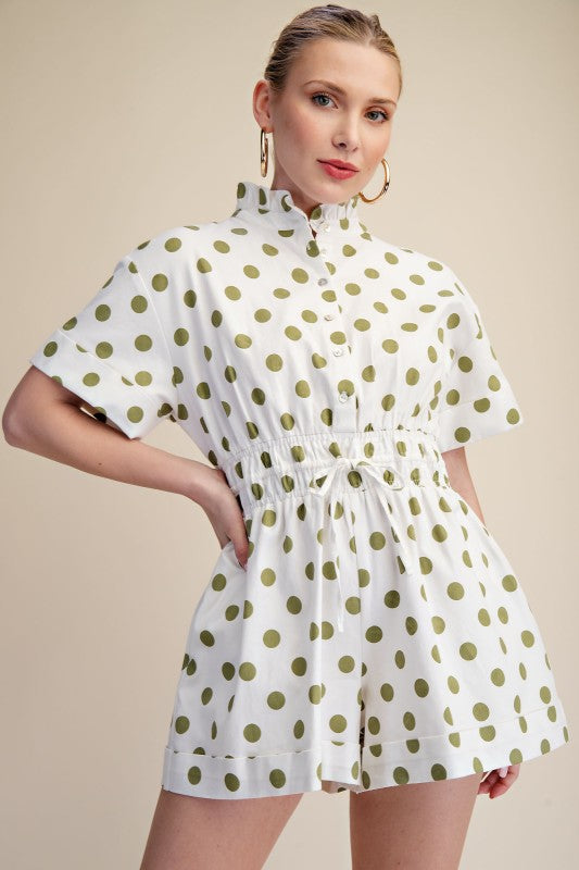 Ruffle Neck Button Down Elastic Waist Romper