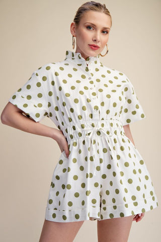 Ruffle Neck Button Down Elastic Waist Romper