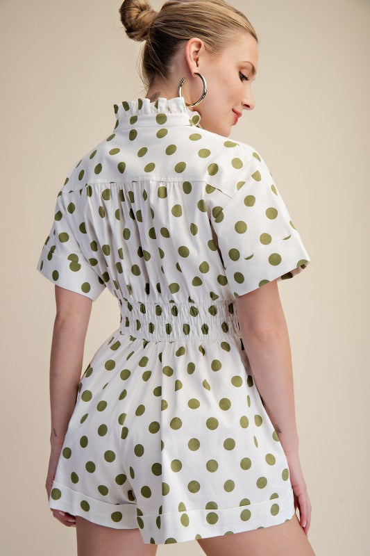 Ruffle Neck Button Down Elastic Waist Romper