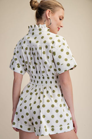 Ruffle Neck Button Down Elastic Waist Romper