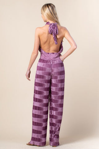 HALTER NECK TIE FASTENING WIDE LEG JUMPSUIT