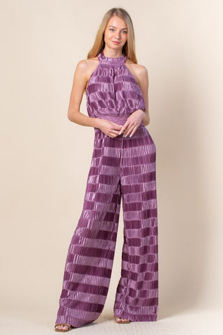 HALTER NECK TIE FASTENING WIDE LEG JUMPSUIT