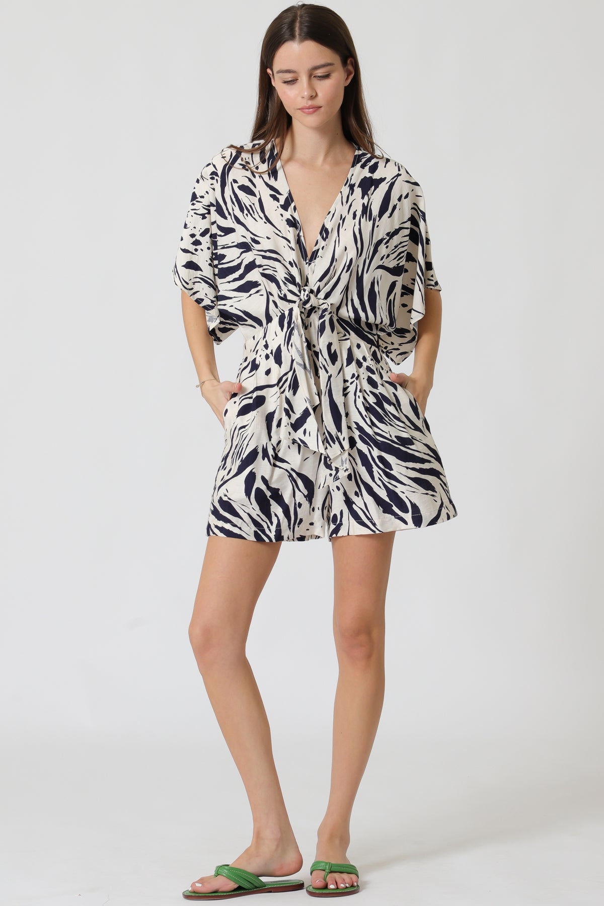 Kimono sleeve chest elastic back waisted romper