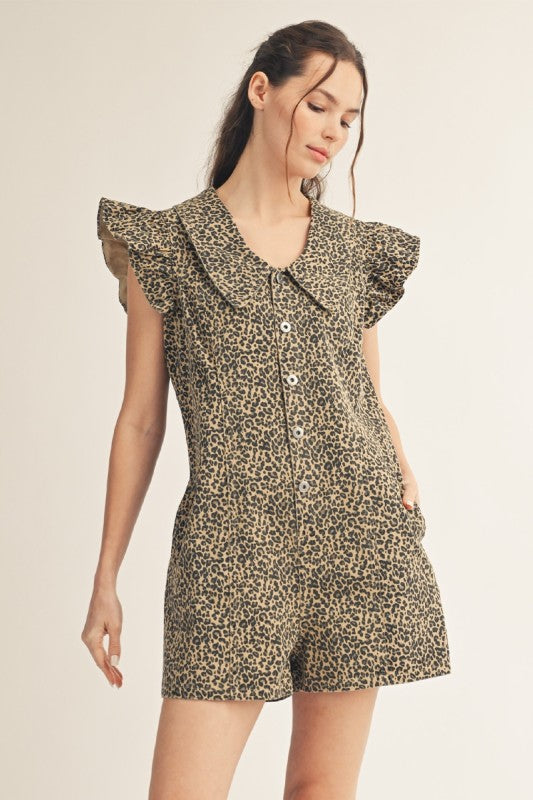 Ruffled Cap Sleeves Button Down Leopard Romper