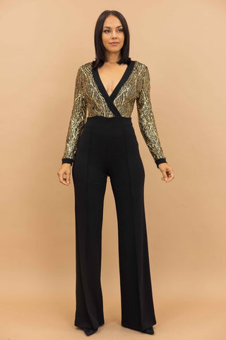 Overlap Front Plunging V Sequin Jumpsuit