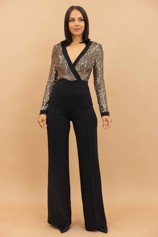 Overlap Front Plunging V Sequin Jumpsuit