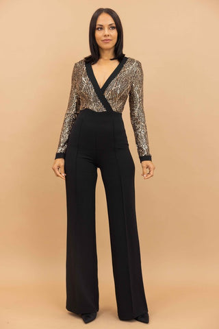 Overlap Front Plunging V Sequin Jumpsuit