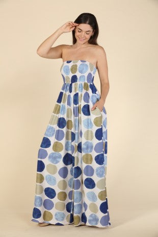 Multi Polkadot Tube Smocked Wide Leg Jumpsuit