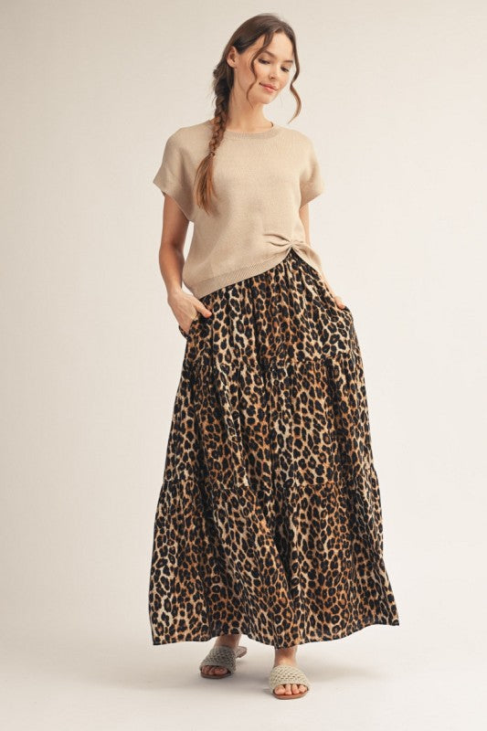 Elastic Waist Leopard Tiered Maxi Skirt