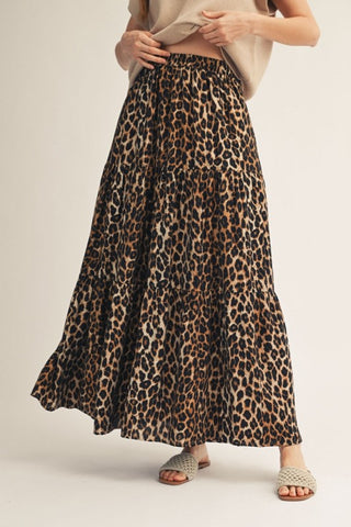 Elastic Waist Leopard Tiered Maxi Skirt