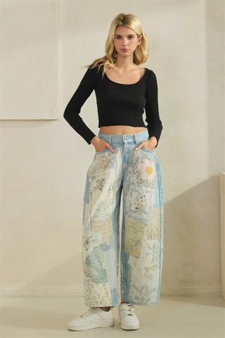 Digitally Printed Patchwork Denim Pants
