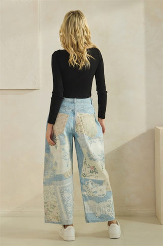 Digitally Printed Patchwork Denim Pants