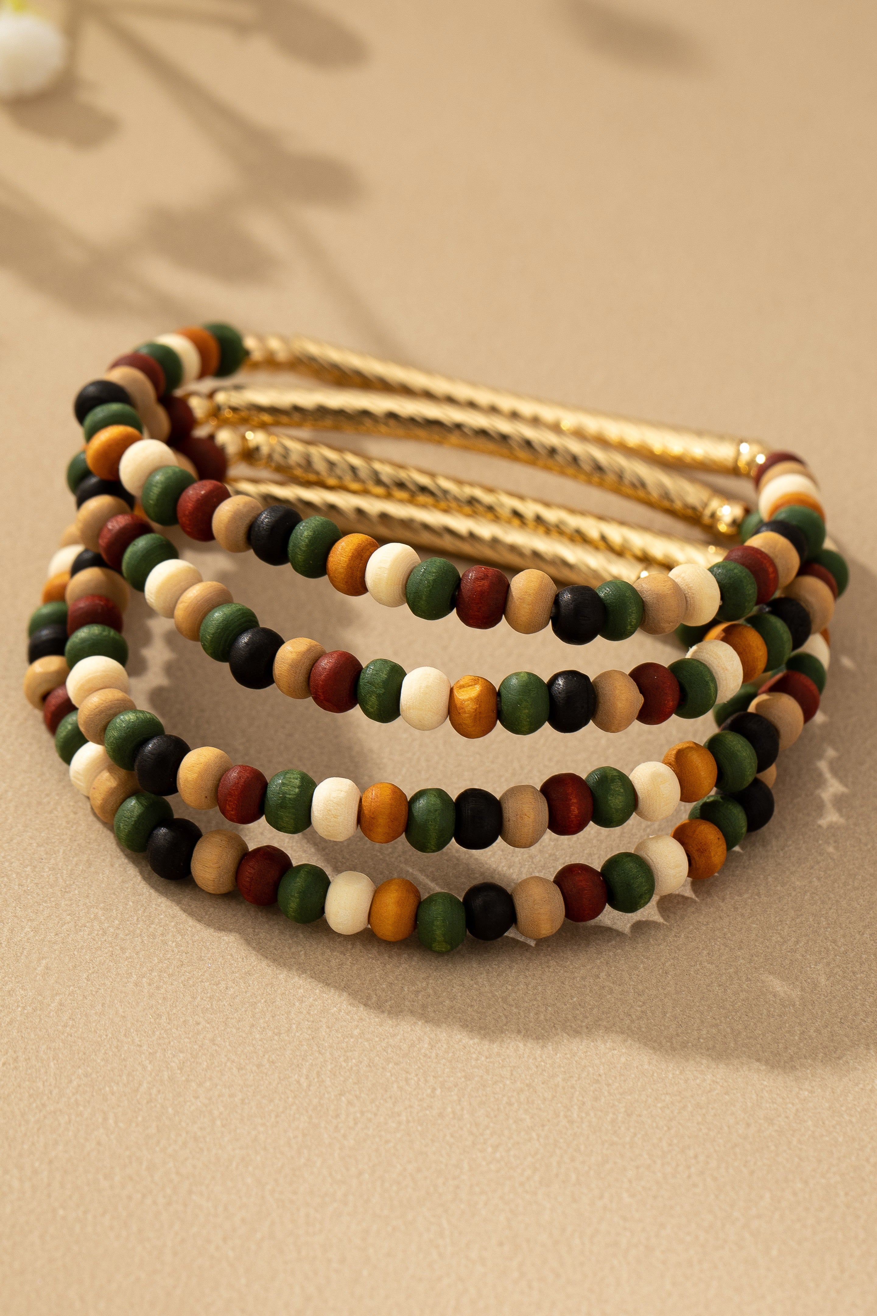 Wood Bead Stretch Bracelet With Metal Tube
