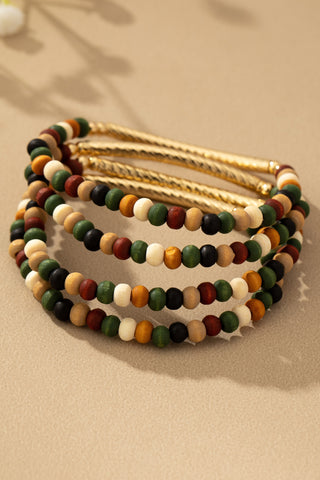 Wood Bead Stretch Bracelet With Metal Tube