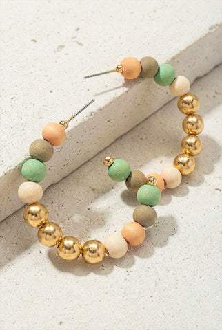 Metallic And Wood Beaded Hoop Earrings