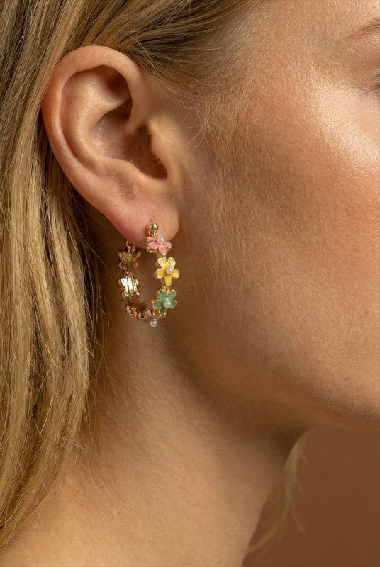 Brass Multiple Enamel Flower Hoop Earrings